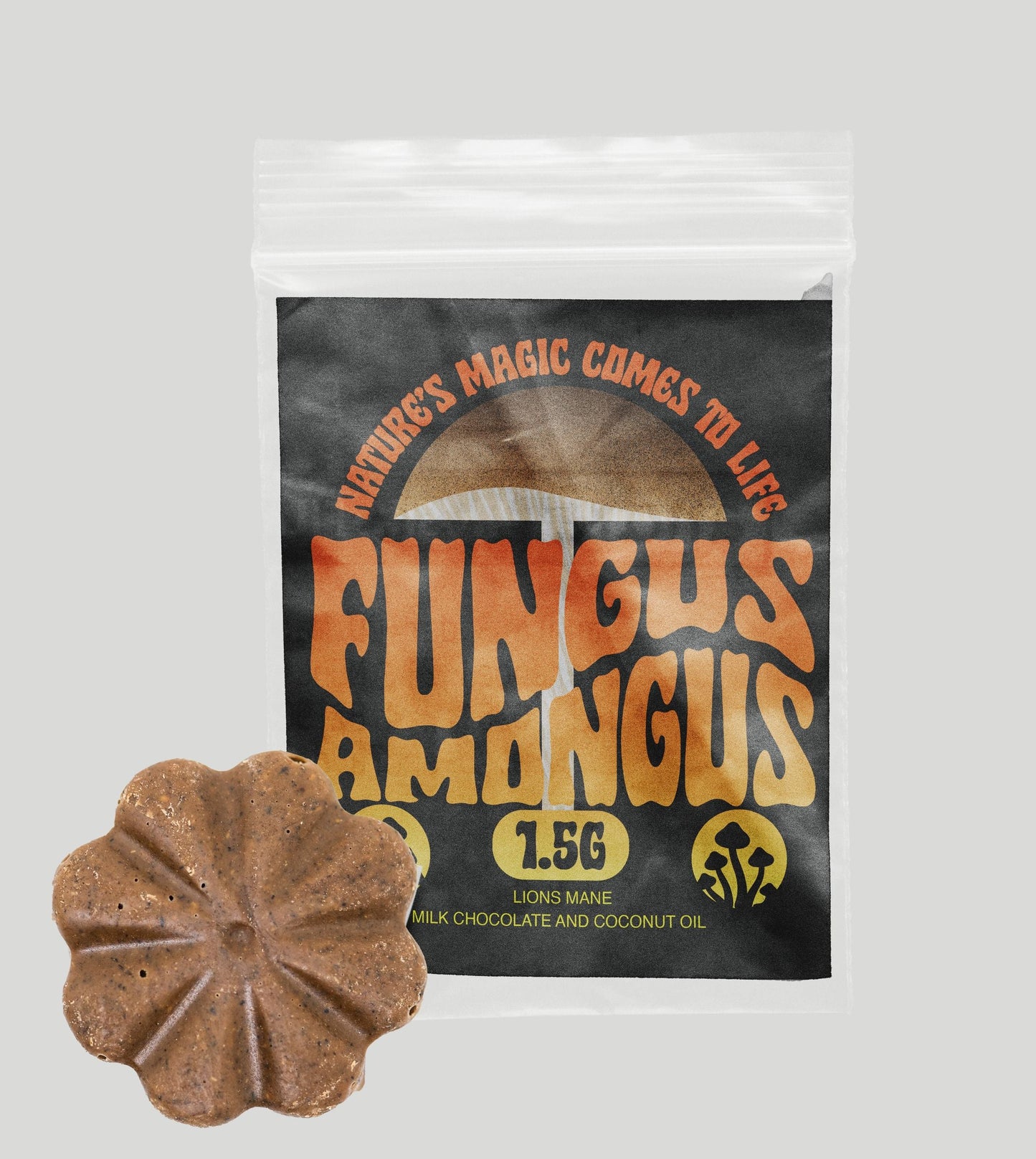 Nature’s Magic mushroom chocolate flower and labeled pouch
